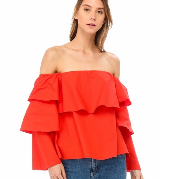 Lumiere Red/Orange Off The Shoulder Ruffle Gypsy Top Size Large (N1) - Picture 3 of 7